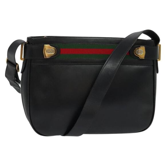 GUCCI Web Sherry Line Shoulder Bag Leather Black Gold Red - Picture 1 of 16